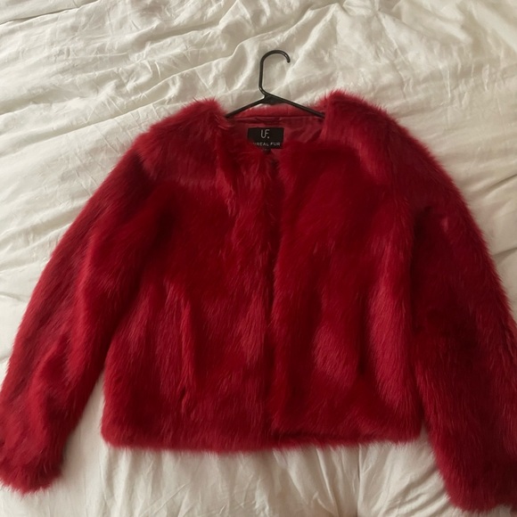 Red Unreal Fur Collarless Faux Jacket - Picture 1 of 5